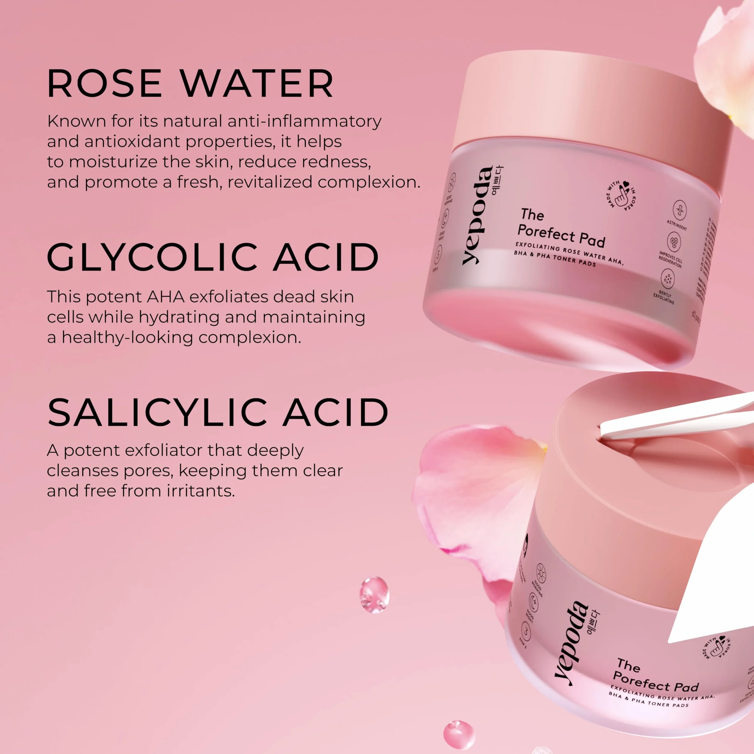 Yepoda The Porefect Pad: dischetti esfolianti con acqua di rose, AHA, BHA, PHA. Esfoliazione delicata, pori affinati. Vegani e testati per tutti i tipi di pelle, 60 pz / 120 ml.