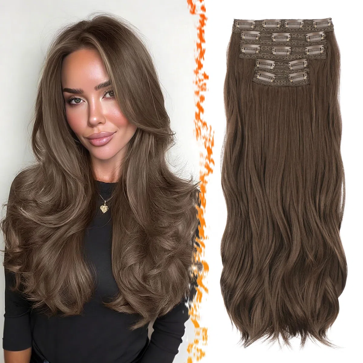 BARSDAR Castagno Extension Capelli a Clip, 50cm Ondulati Clip in Estensioni di Capelli per Donna 5PCS Spesso Layered Hair Extensions Lace Sintetici Posticci Extensions - Medio Castagno Marrone