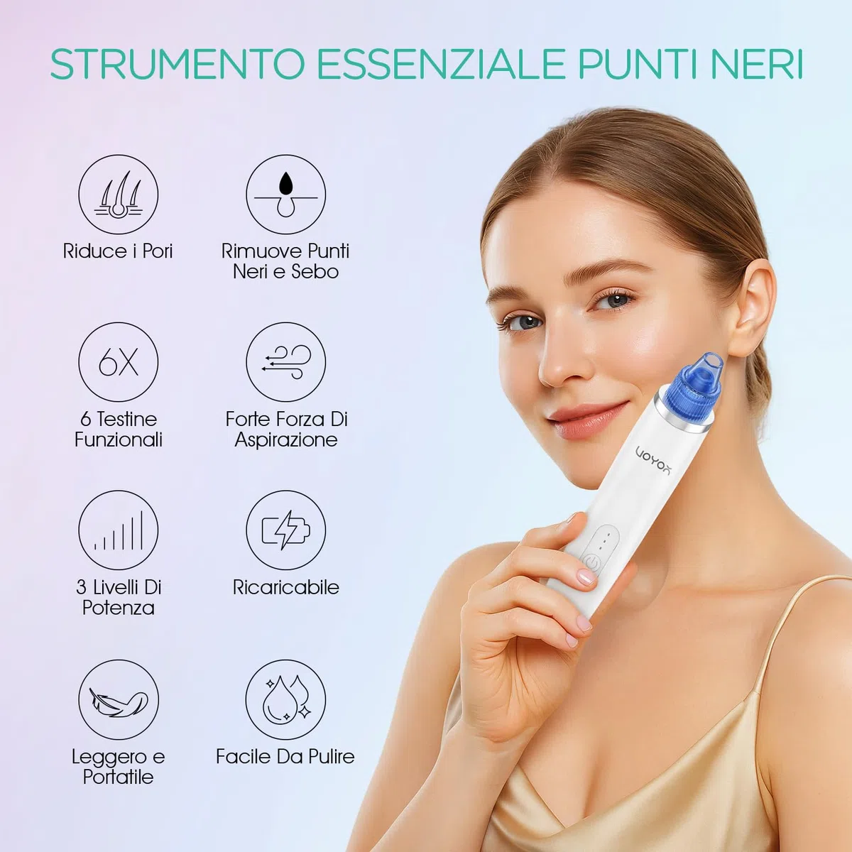 VOYOR Aspiratore Punti Neri 6-In-1 Aspira Rimozione di Elettrico Comedone Estrattore Pulizia Viso Tramite Ricaricabile per Uomini e Donne BR410