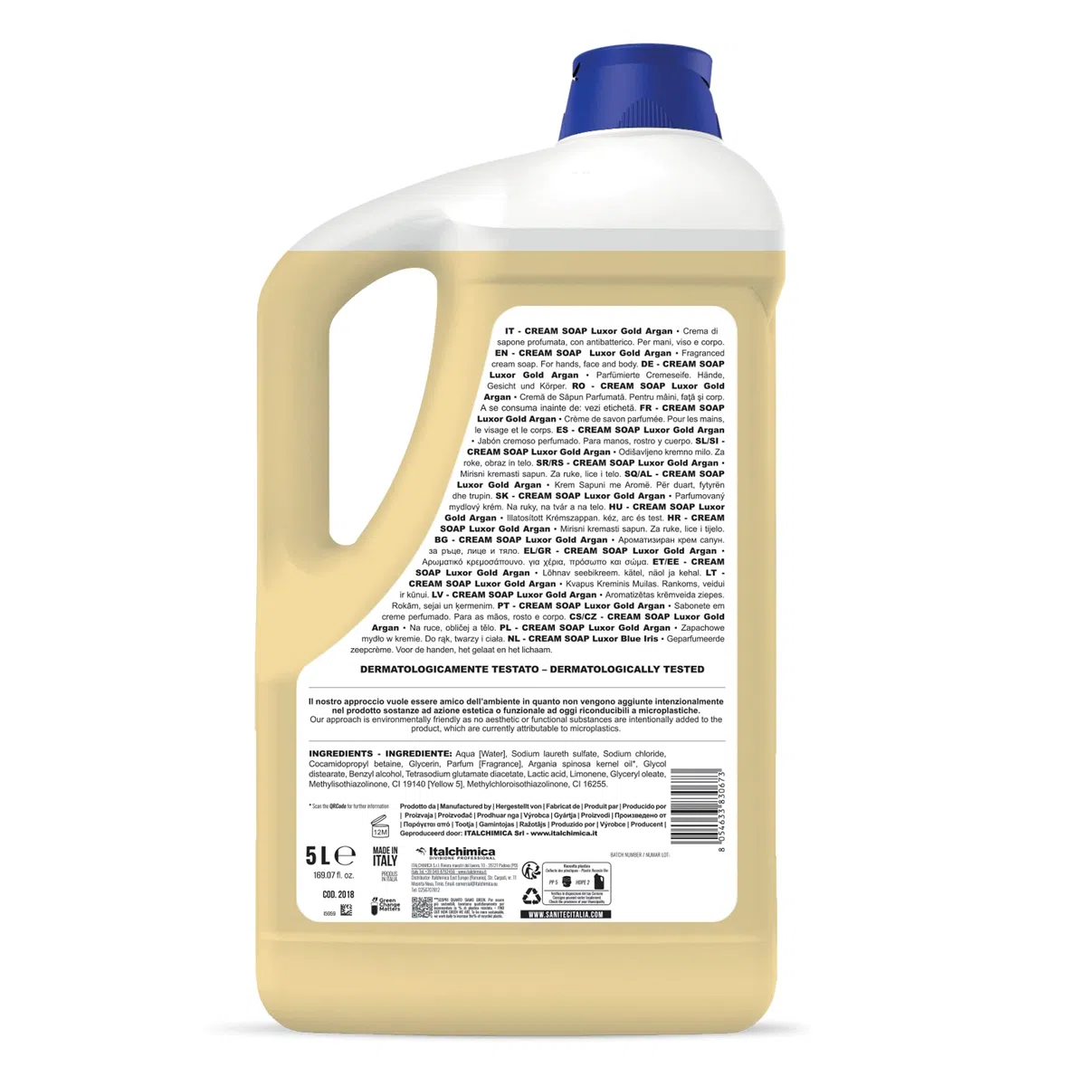 Sanitec, Luxor Gold Argan, Crema di Sapone Profumata Idratante con Glicerina e Antibatterico, Deterge le Mani Lasciandole Fresche e Pulite, pH 5,5, Dermatologicamente Testato, 5L 5000ml