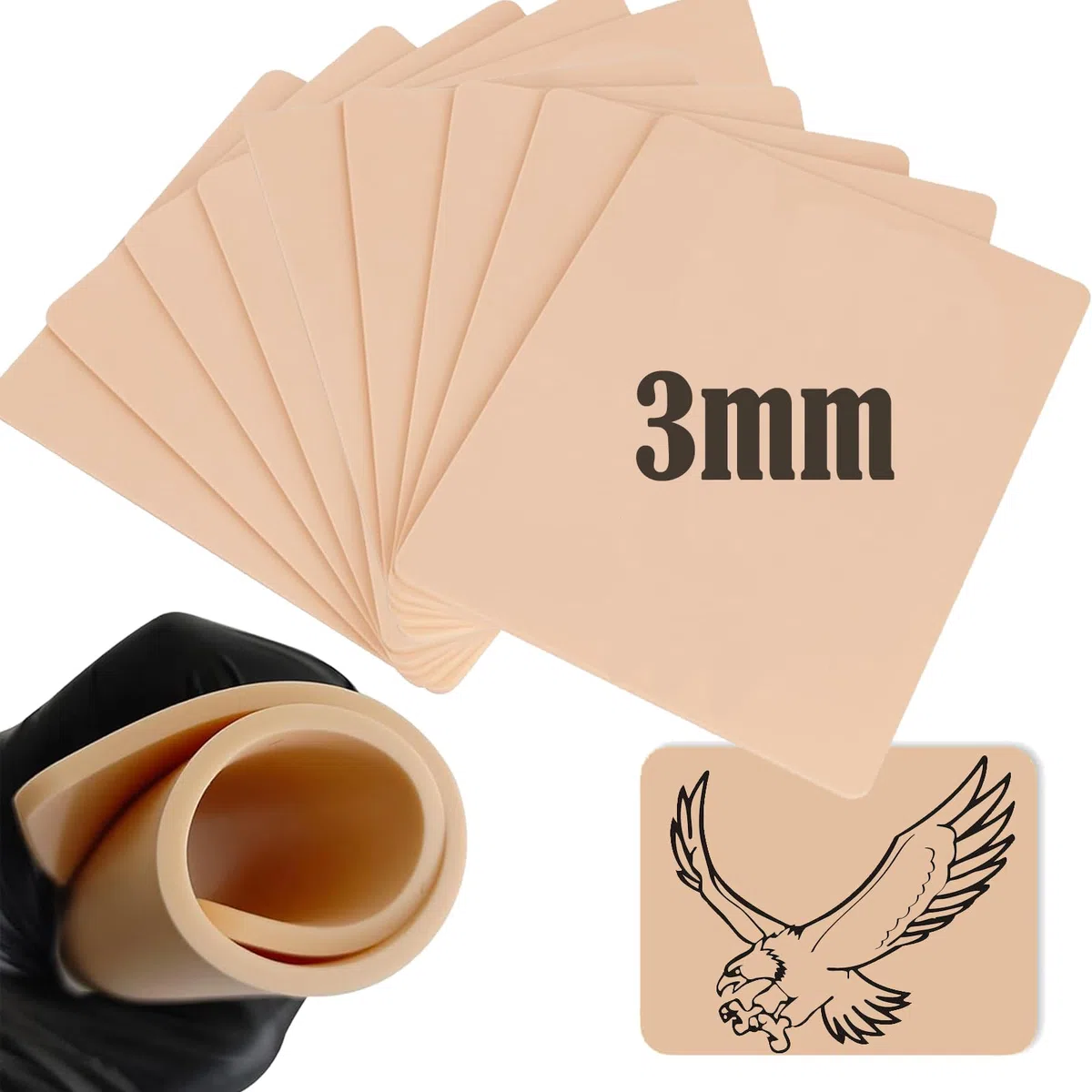 10 Pezzi Pelle Sintetica Tattoo - LEAYOKA 3mm Pelle Finta per Tatuaggi Doppia Faccia Pelle Pratica del Tatuaggio Silicone