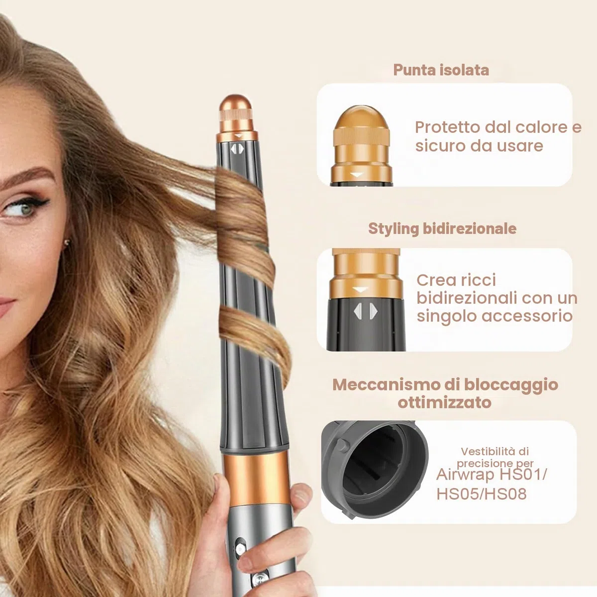 Accessorio Riccioli Conici per Dyson Airwrap, 20-36 mm, Dorata | Compatibile con HS01/HS05/HS08, Ferro Conico Capelli