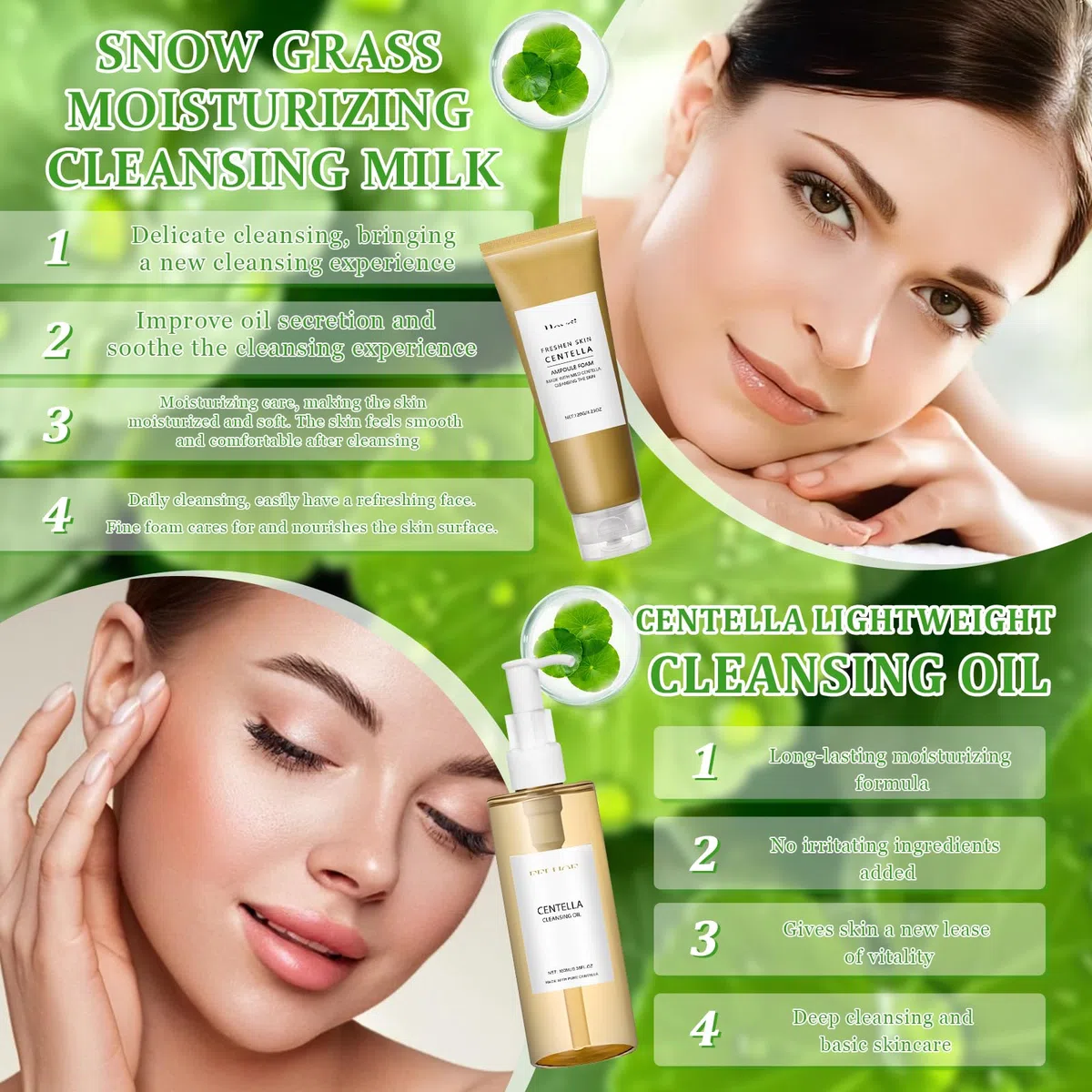 4 Pezzi Centella Kit, Centella Cleansing Oil + Centella Detergente Viso + Siero Viso + Centella Stick Mask, Skincare Kit, Delicato e Leggero, Adatto Alle Pelli Sensibili