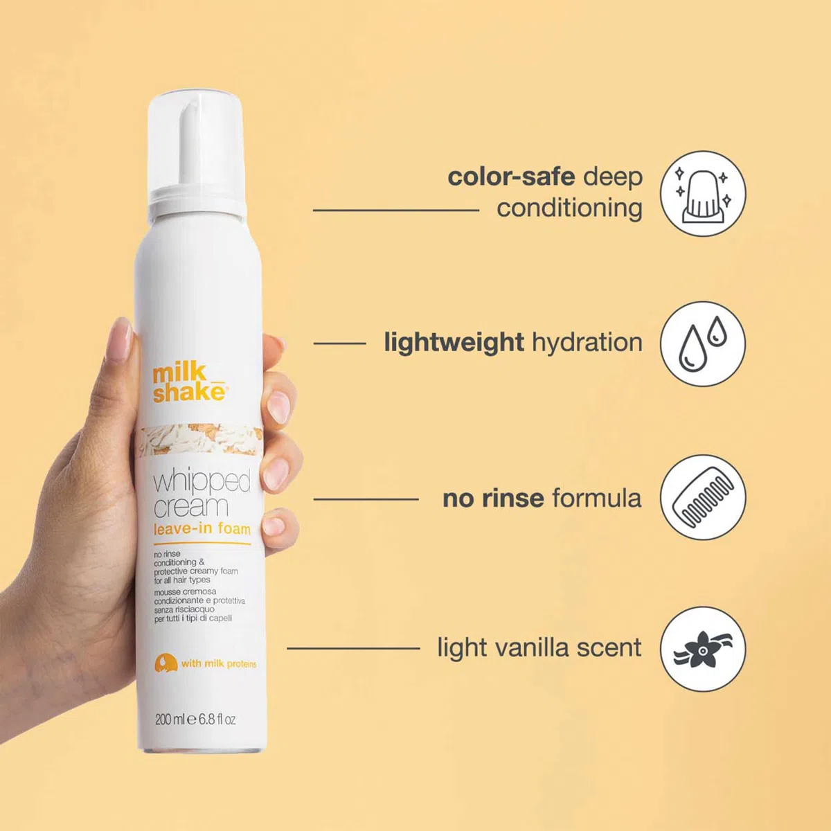 milk_shake | Conditioning Whipped Cream 200 ml, Mousse Leave-In per Capelli Morbidissimi, Made in Italy