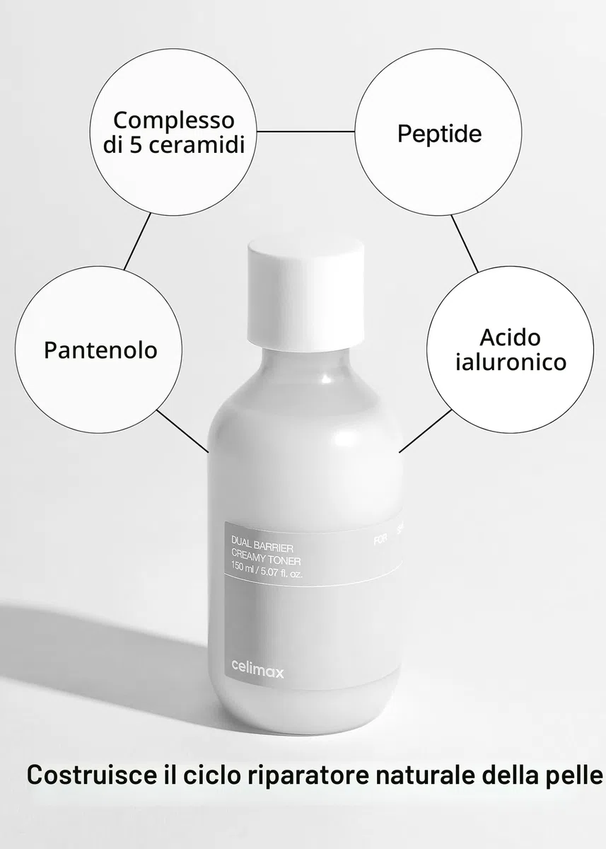 celimax Tonico Cremoso A Doppia Barriera Con Ceramidi, Peptidi, Senza Oli E Alcol, Astringente Per Il Viso, Idratante, Calmante, Lenitivo, Non Irritante, 150 Ml