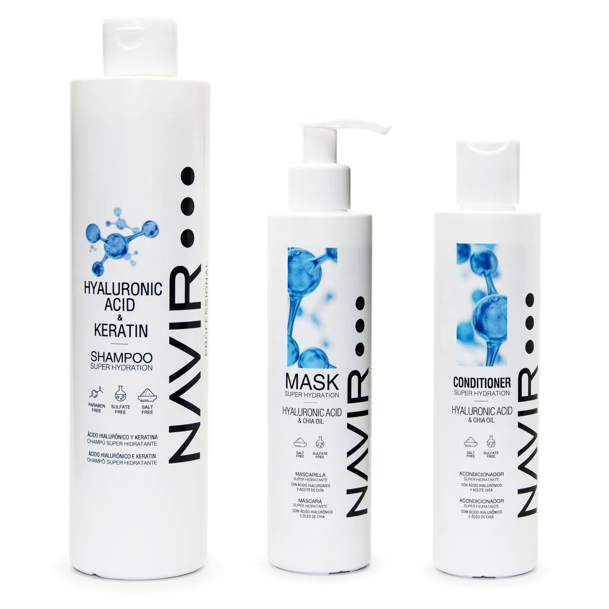 NAVIR Professionale | Kit professionale capelli con acido ialuronico – Shampoo 500ml + maschera 200ml + balsamo 200ml – Idratazione intensa post trattamento lisciante – Senza solfati – 3 prodotti