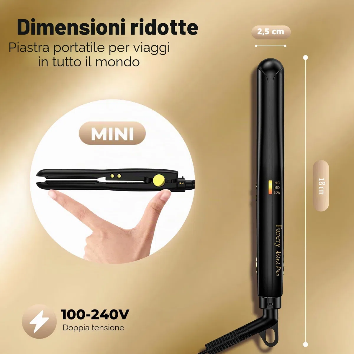 Farery Mini Piastra per capelli corti, piccolo straighter in ceramica con turmalina, mini straighter per viaggi con custodia, spegnimento automatico, doppia tensione, temperatura regolabile