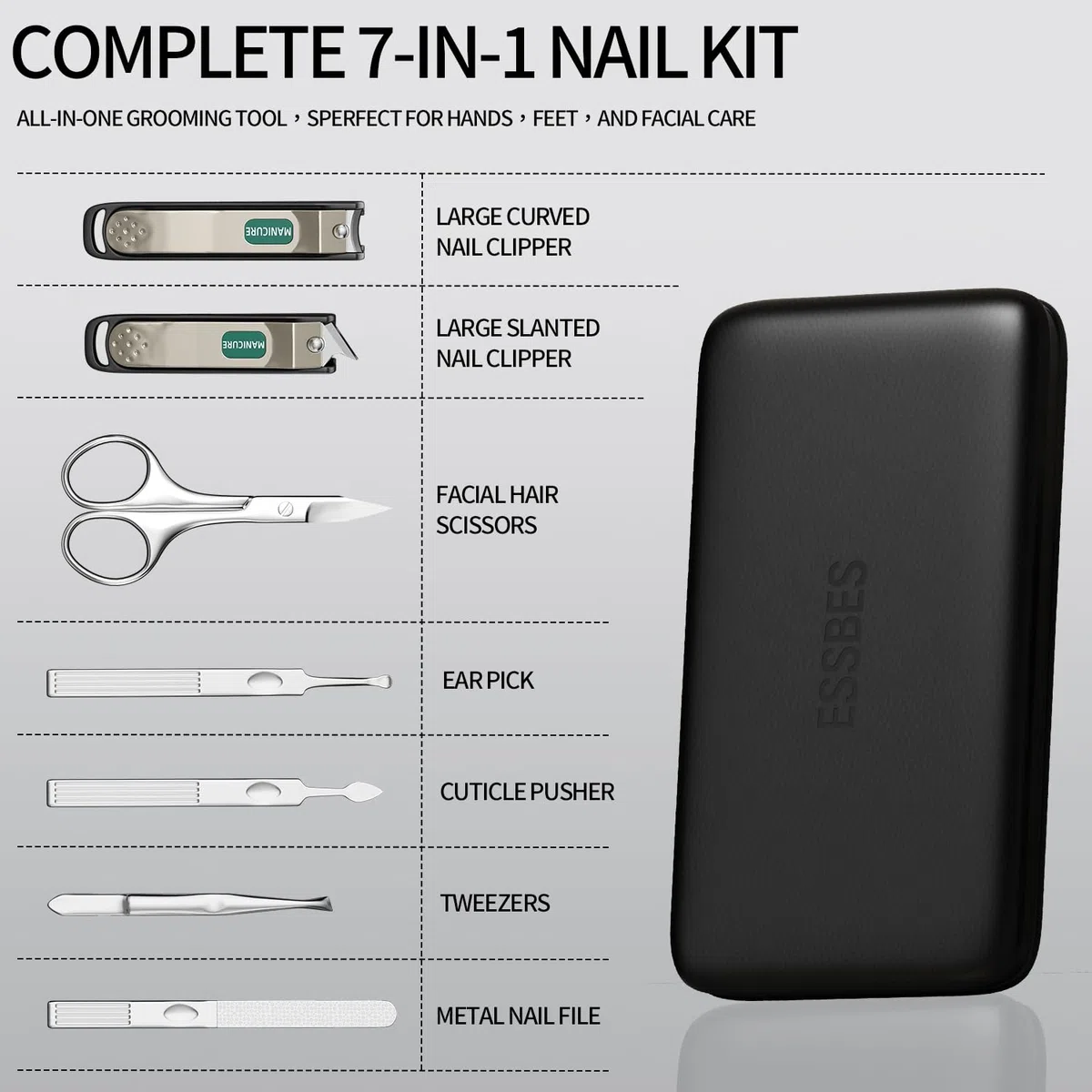 Set manicure professionale per uomini e donne, kit da 7 pezzi in acciaio inox con tagliaunghie grande, kit manicure da viaggio in custodia in pelle PU nera