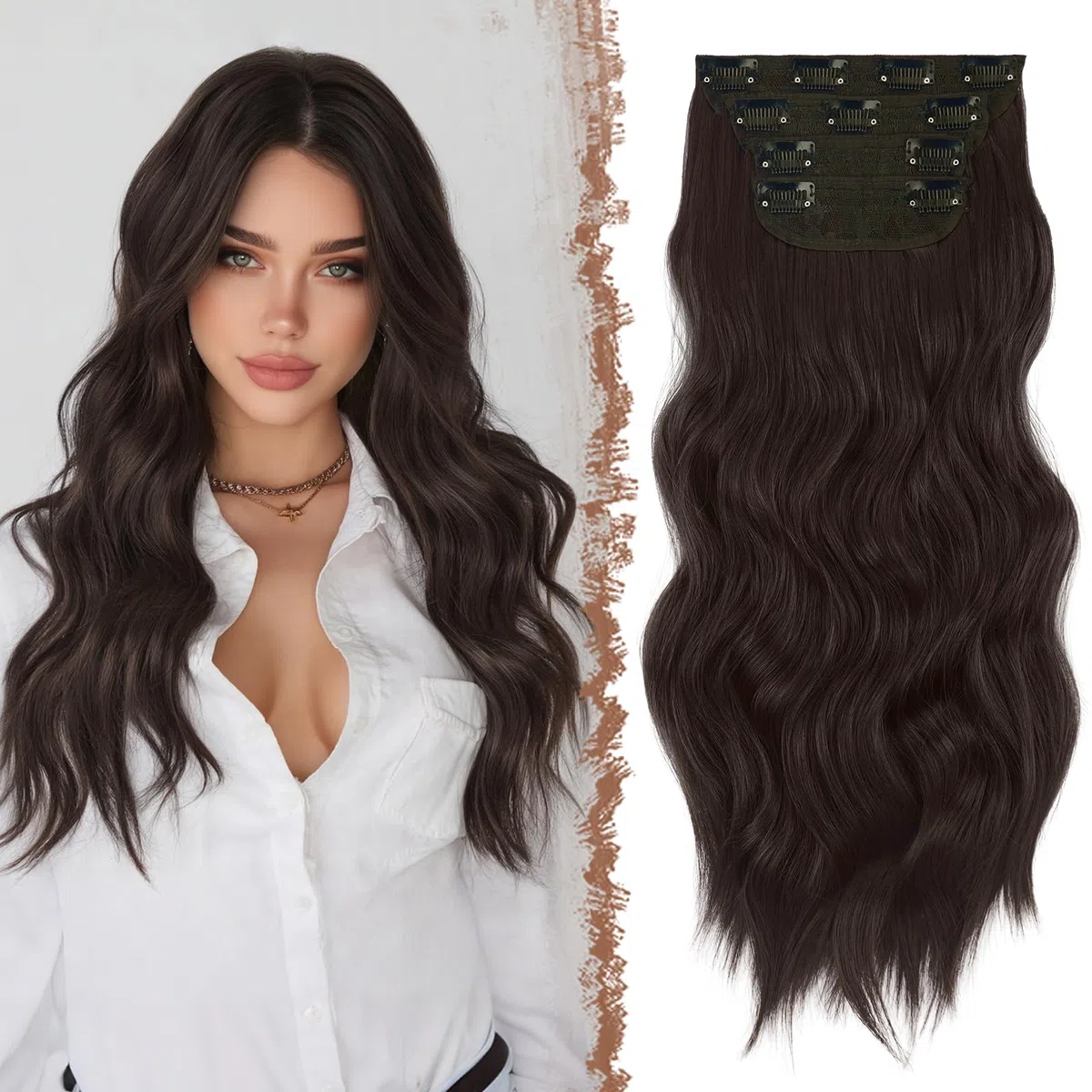 FESHFEN Extension Capelli a Clip - 4PCS Marrone Scuro Lunga Clip in Capelli Estensioni Clip Ondulati Sintetici Posticci Capelli per Donna 50 cm