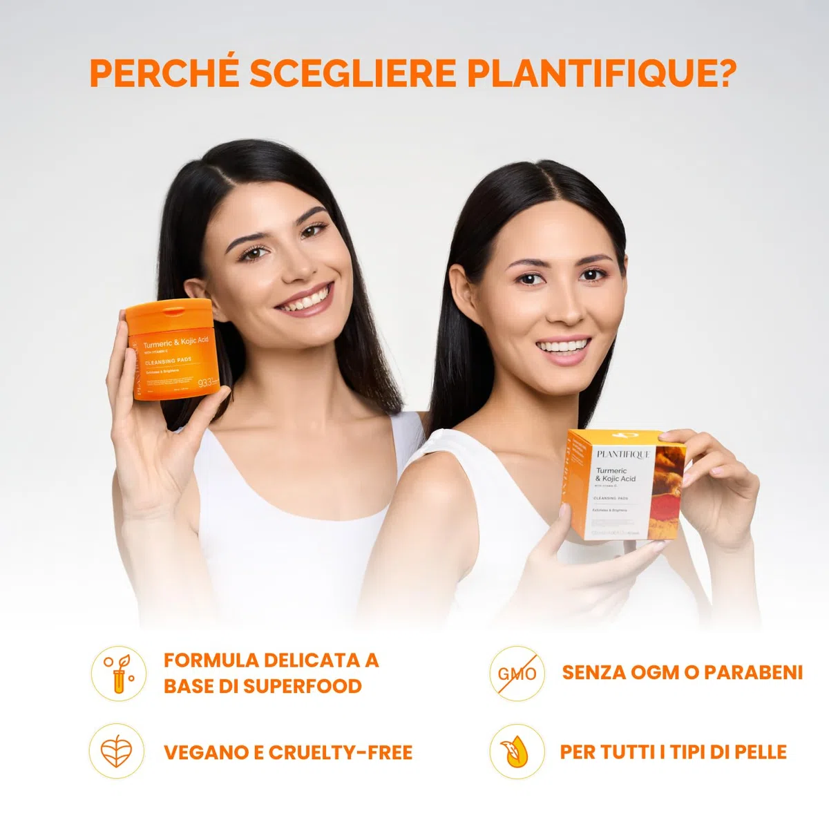PLANTIFIQUE Dischetti Detergenti al Curcuma e Acido Kojico con Ceramidi, Niacinamide e Vitamina C – 60 Dischetti Esfolianti Viso per Macchie Scure e Iperpigmentazione – Skincare Kit Viso