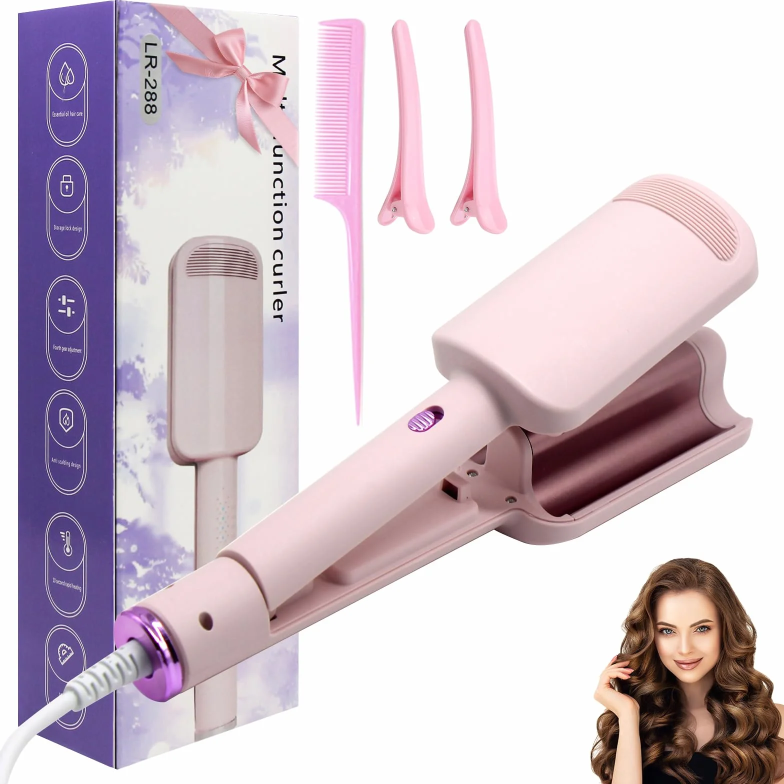 Piastra Onde per Capelli, Ferro Arricciacapelli, 32 mm Ferro per Capelli Onde con 4 Temperature regolabili per tutti i tipi di capelli, viene fornito con 1 pettine, 2 clip (Rosa)