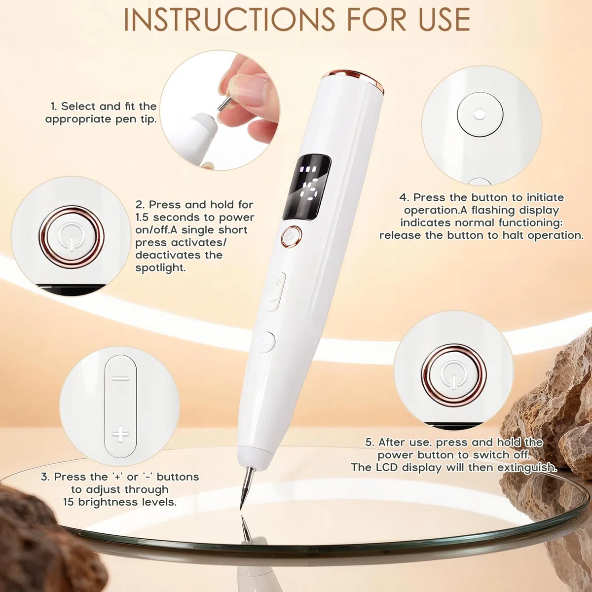 Sicura e Penna Al Plasma,Rimuove Voglie Verrucheskin Tag Remover con 15 Livelli Regolabili e Luce Led, Penna Al Plasma Ricaricabile Tramite Usb per Nei, Verruche, Lentiggini, Macchie Scure