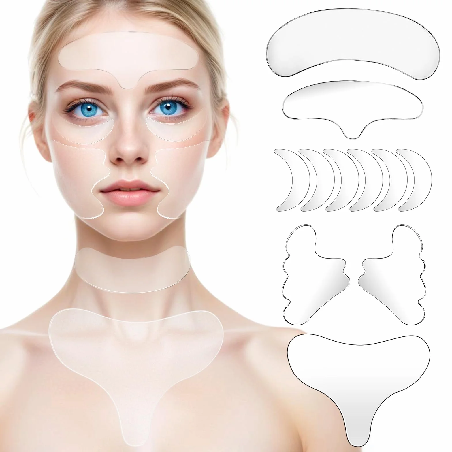 Dimeho 11 toppe antirughe per collo, riutilizzabili, in silicone, maschera antirughe sulla fronte, senza adesivo, per rughe e linee della pelle durante la notte, applicatore crema per occhi durante il