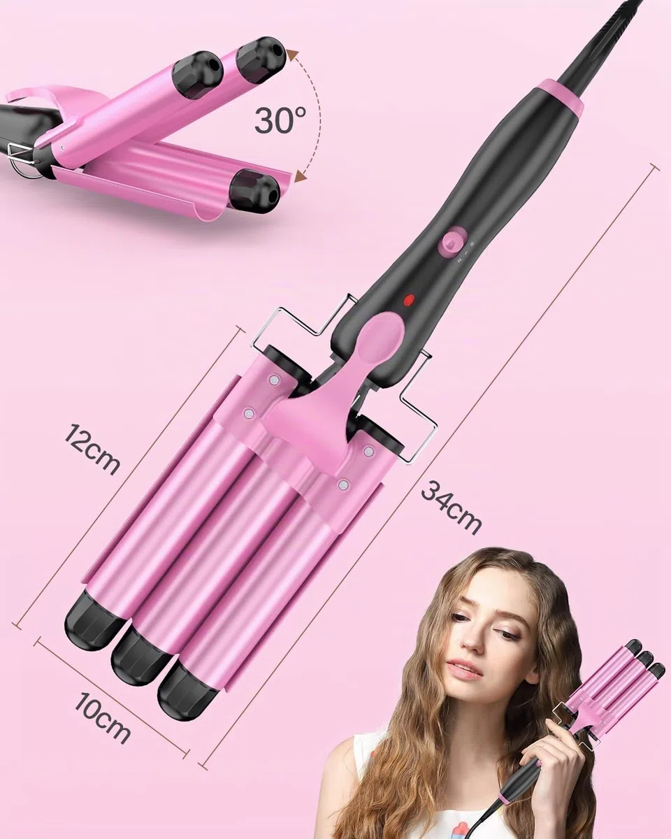 Ferro Arricciacapelli Grandi 3 Botti, Piastra Onde per Capellif-Piastra Capelli Onde, Bigodini da Spiaggia Waves, Ferro Capelli 2 Temps Livelli Onde Capelli Riscaldamento Rapido con Guanto, Rosa