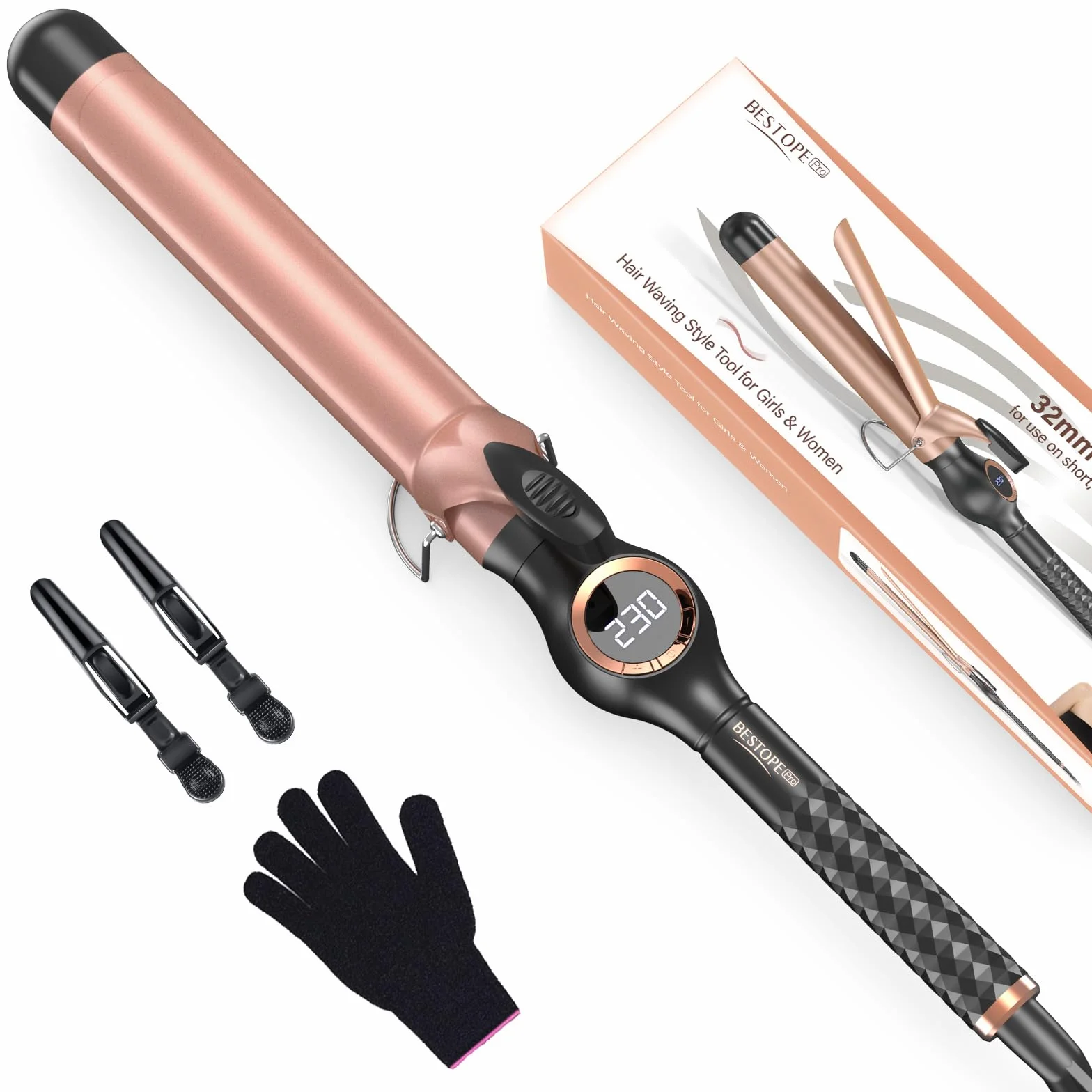BESTOPE PRO Ferro Arricciacapelli 32 mm, Arricciacapelli per Ricci Grandi, Ferro Capelli con Scelta di Temperature, Arricciacapelli a Riscaldamento Rapido con Ampio Display LCD
