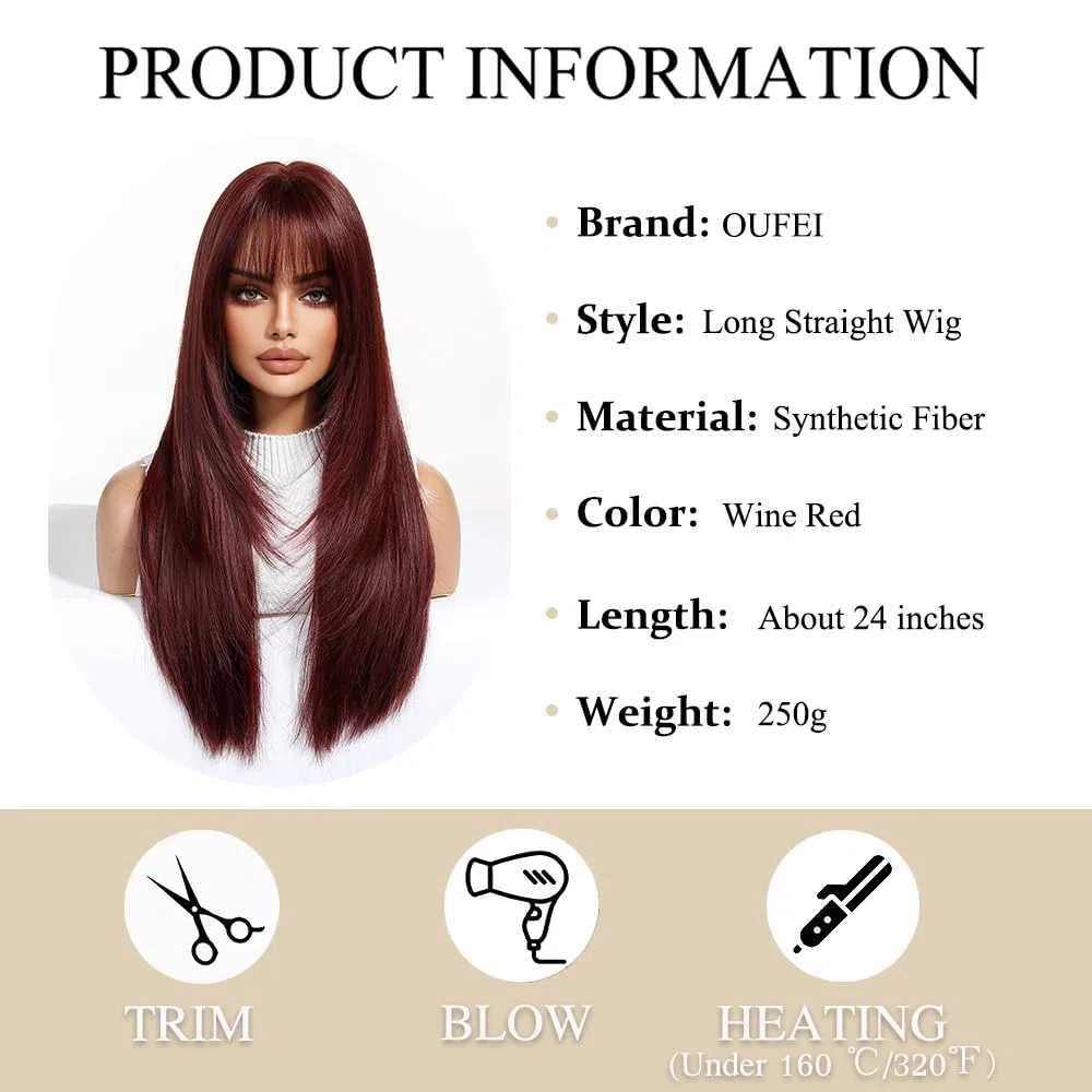 Parrucche Rosso Vino per Le Donne Parrucca Lunga con Frangetta Parrucche Dritte Naturali Parrucche Sintetiche Resistenti Al Calore per La Festa Quotidiana Cosplay Wear