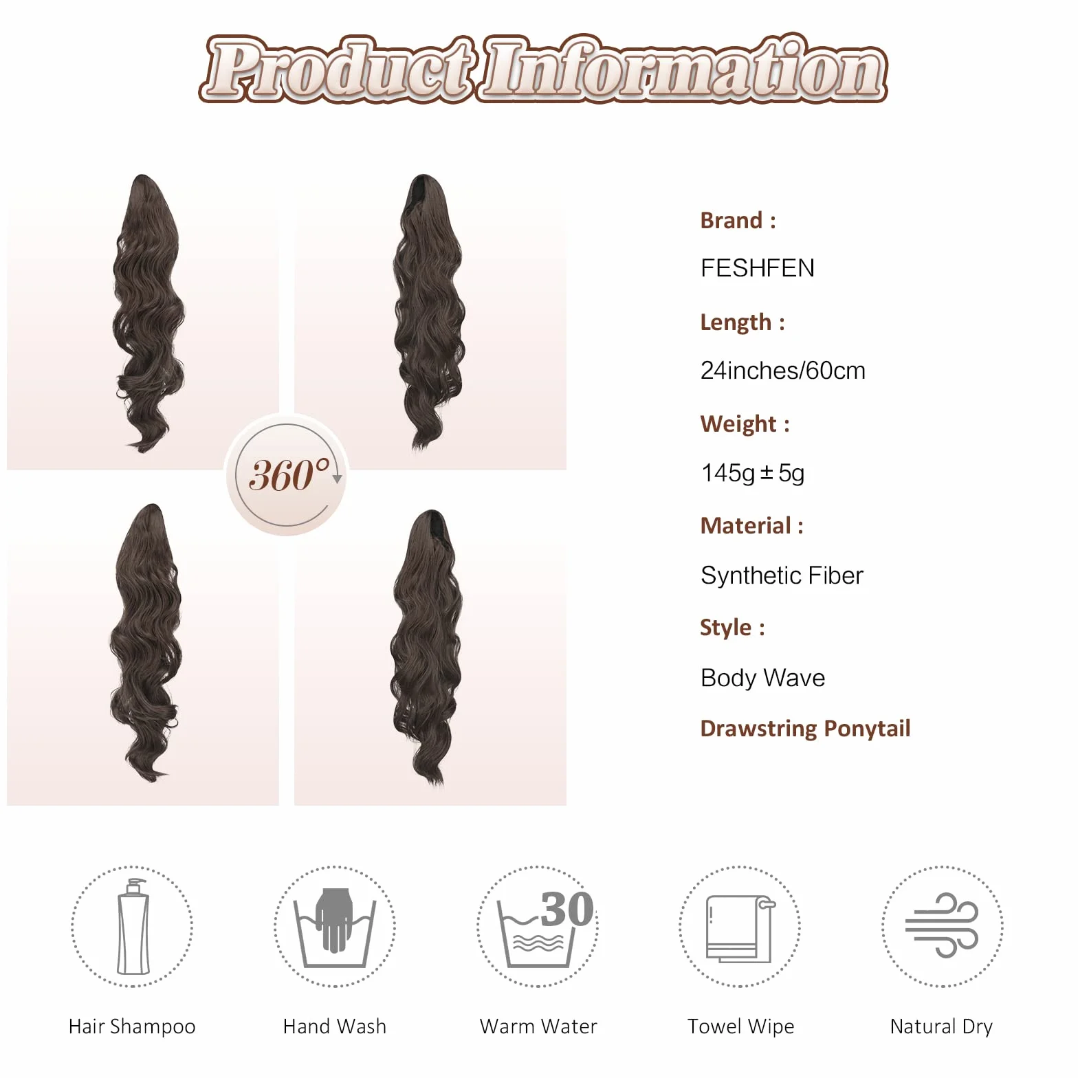 FESHFEN Extension Coda Capelli Lunga Castano Medio Posticci per Capelli Ondulati Ricci Coda Cavallo Capelli Extensions Finta per Donne, 60 cm