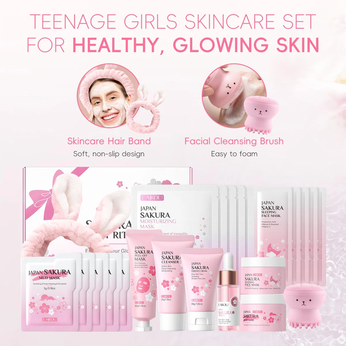 LAIKOU Sakura Skin Care Adolescente da Viaggio, 8 Pezzi Kit Pulizia Viso Ragazza, Kit Crema Viso Giorno e Notte, con Detergente Crema Contorno Occhi Siero Maschera Idratante e Maschera Collo (11pcs)