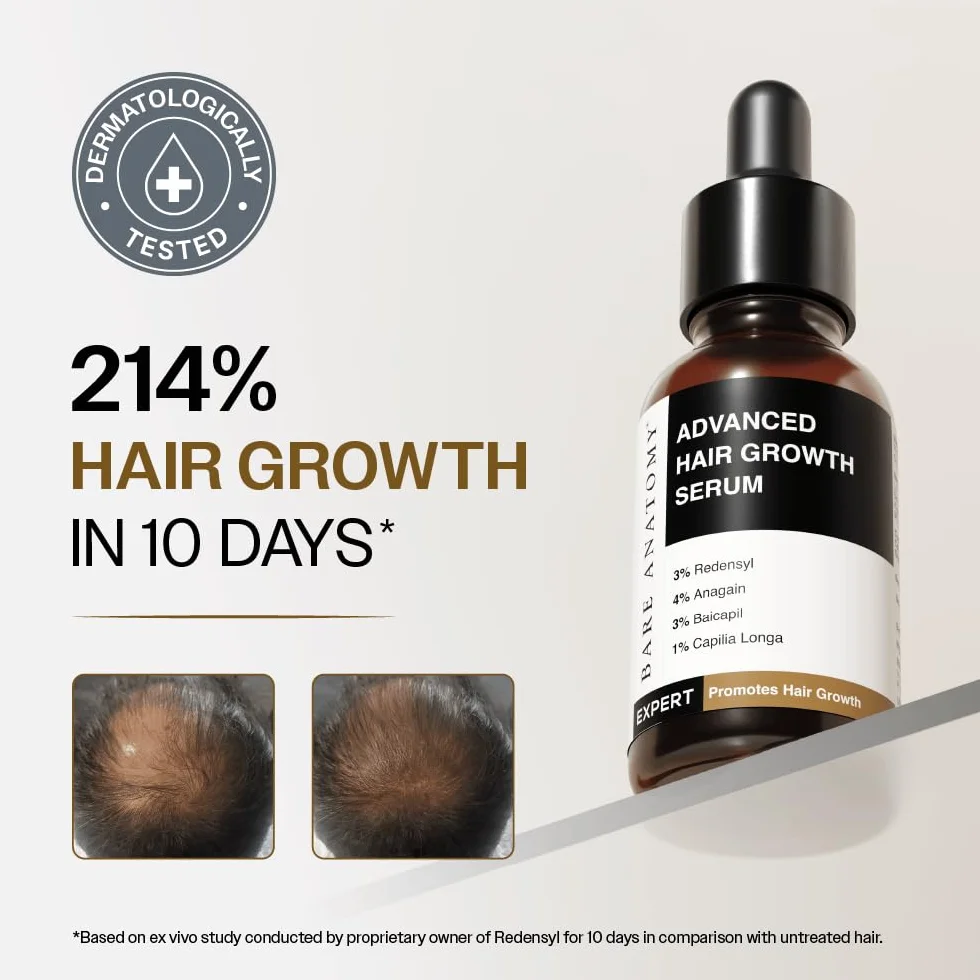 Bare Anatomy Siero avanzato per la crescita dei capelli 3% Redensyl + 4% Anagain + 3% Baicapil Rosmarino, biotina Siero per il controllo della