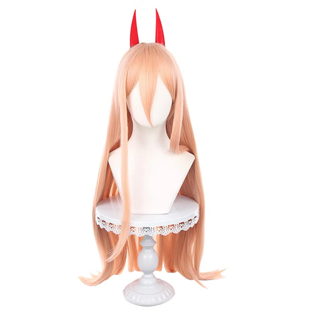 Parrucca Anime Cosplay per motosega uomo power light arancione Cosplay parrucca + 2 corna lunghe dritte con frangia + cuffia per parrucca gratuita
