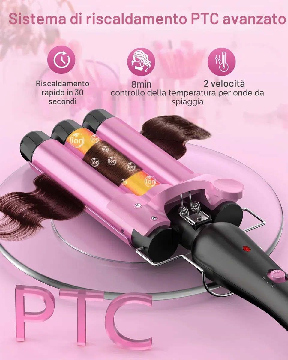 Ferro Arricciacapelli Grandi 3 Botti, Piastra Onde per Capellif-Piastra Capelli Onde, Bigodini da Spiaggia Waves, Ferro Capelli 2 Temps Livelli Onde Capelli Riscaldamento Rapido con Guanto, Rosa