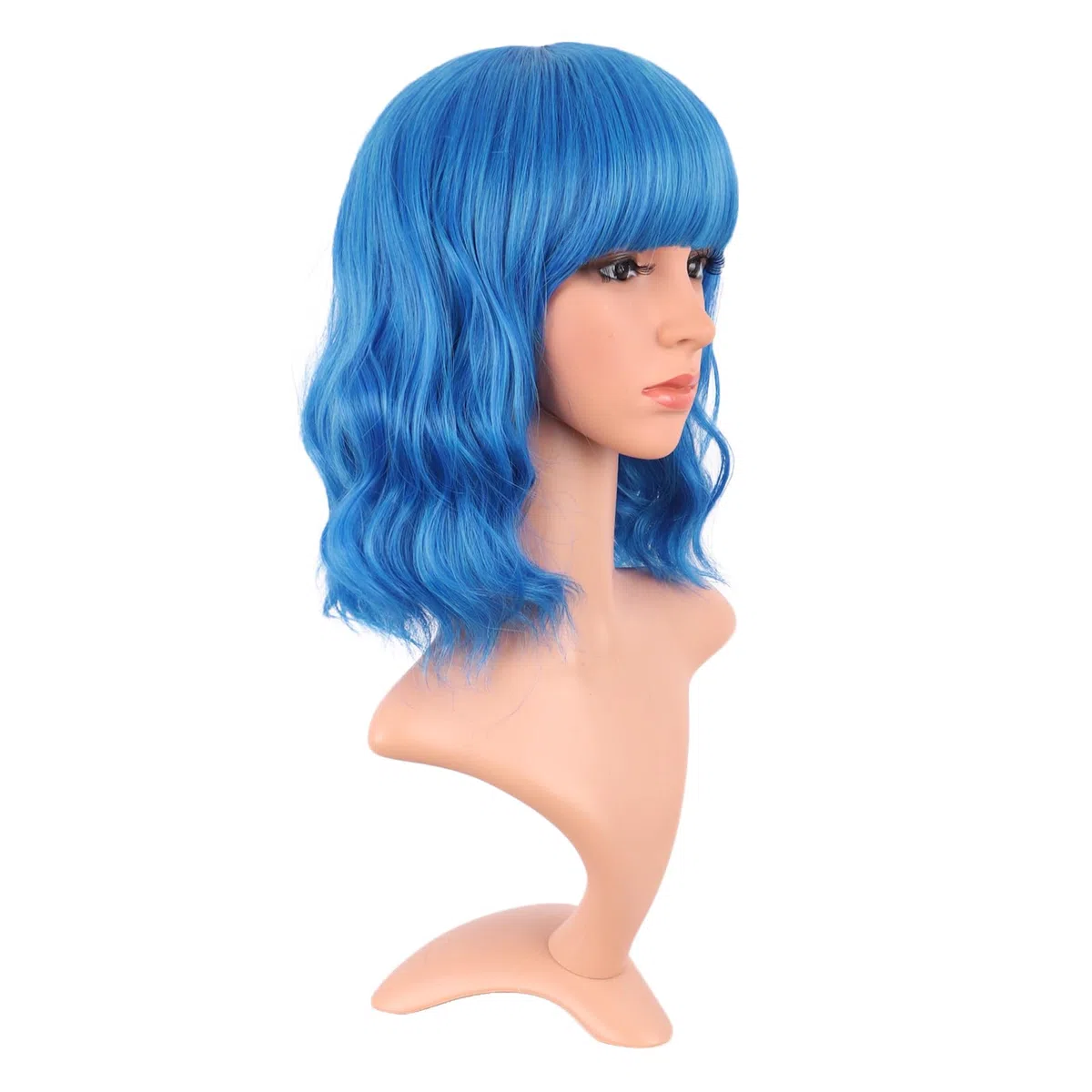 MapofBeauty 14 Pollice/35 cm Corto Wavy Bob Parrucche Con Frange Shoulder Lunghezza Ricci Parrucche Flat Bang Capelli Sintetico Parrucca (Misto Vivid Blu)