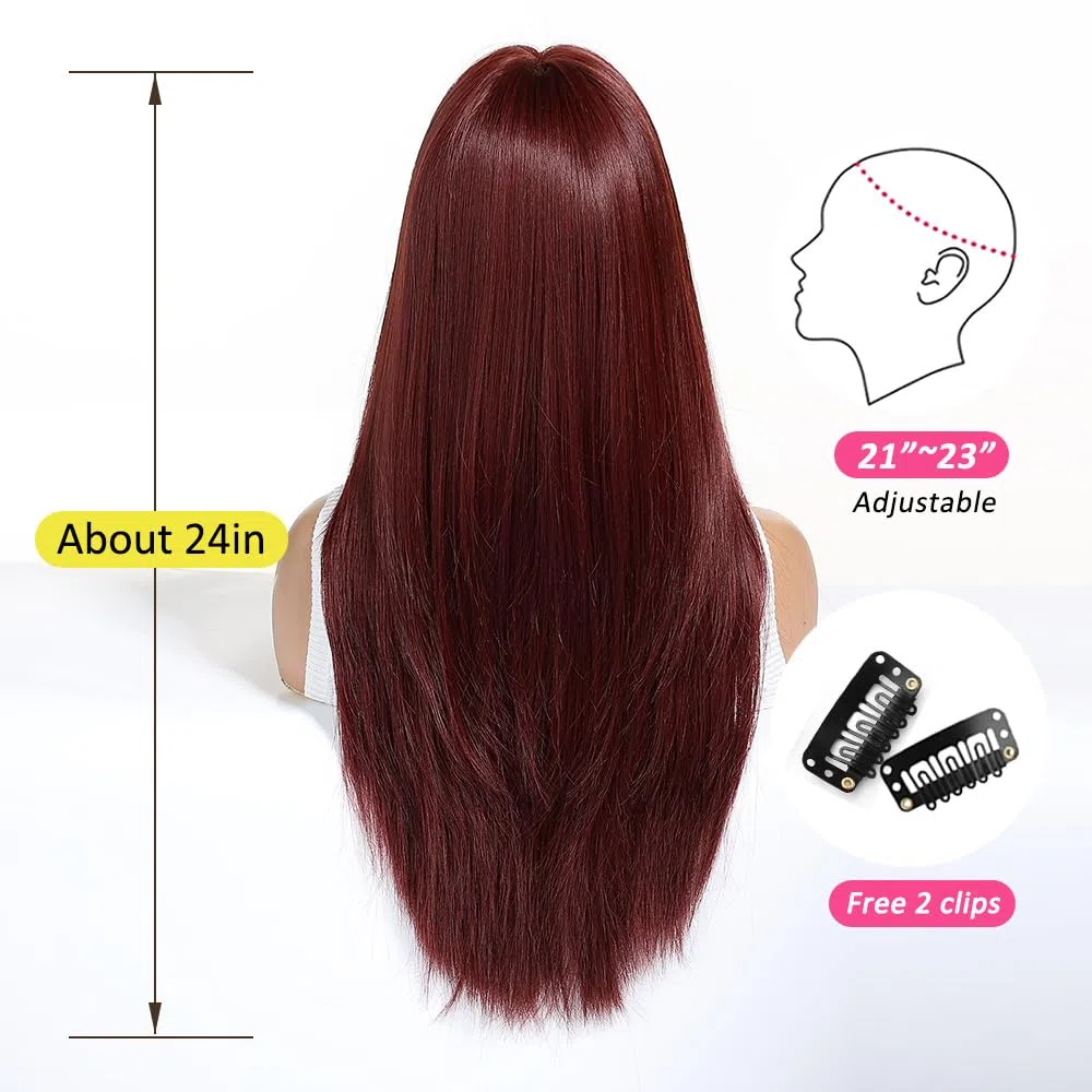 Parrucche Rosso Vino per Le Donne Parrucca Lunga con Frangetta Parrucche Dritte Naturali Parrucche Sintetiche Resistenti Al Calore per La Festa Quotidiana Cosplay Wear