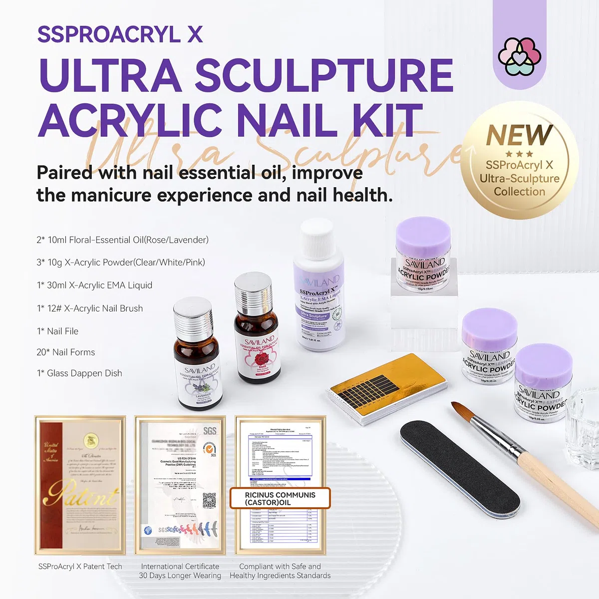 Saviland Kit Per Unghie Acriliche: Polvere Acrilica Trasparente Rosa Bianca E Pennello Per Unghie Acriliche, Liquido Acrilico EMA, 2 Pezzi Di Olio Per Cuticole Per Unghie Da Salone