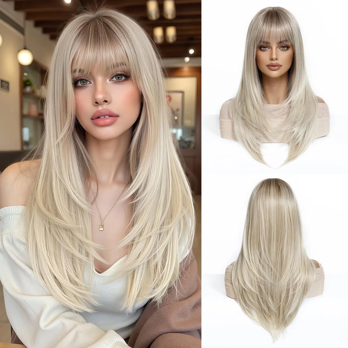 Esmee Lunga Liscia Parrucche Bionde per Donne con Frange - Capelli Sintetici Naturali - Parrucca Ombre per Uso Quotidiano e Feste