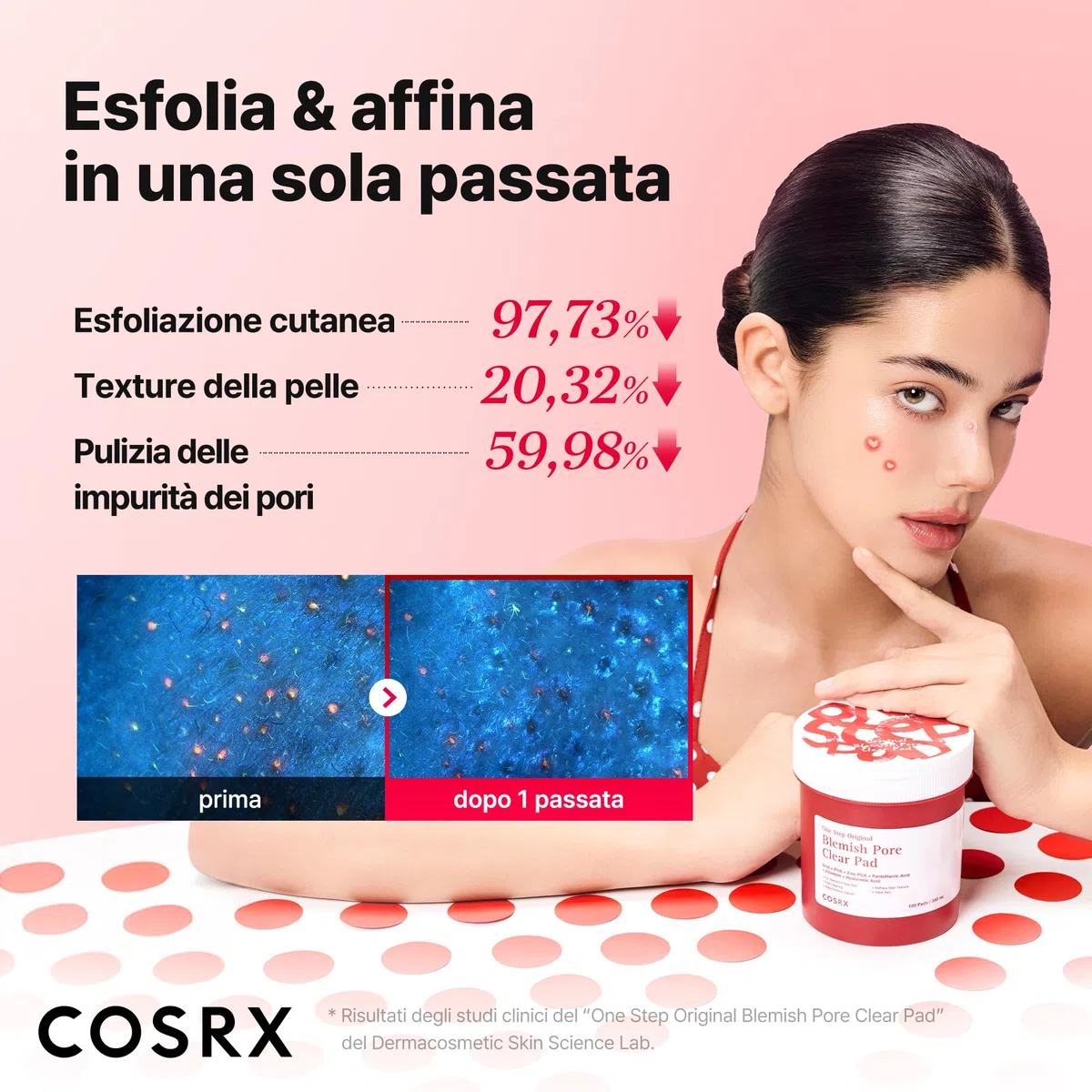 COSRX OneStep Original Blemish Pore Clear Pad, 100 cialde, Dual side Face Pad for Exfoliation, Pore Care & Idration with BHA, PHA & Zinc PCA & 5 Acidi ialuronici, coreano Skin Care
