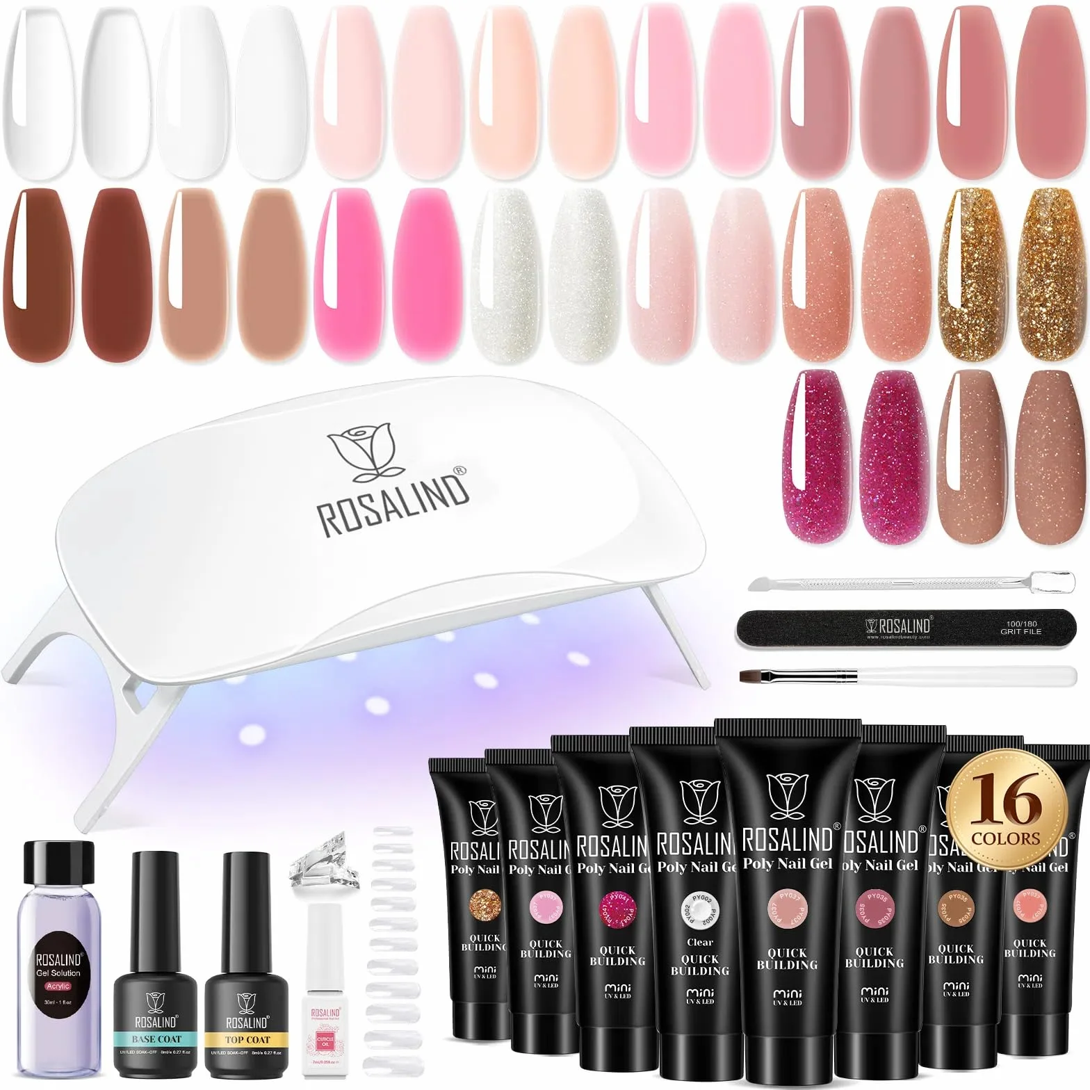 ROSALIND Kit Completo Arcygel, 16pcs 10ml Estensioni Gel per Unghie con Lampada UV, Base e Top Coat, Strumenti Manicure, Kit Completo Poly Unghie gel Nail Art per Principianti e Professionisti