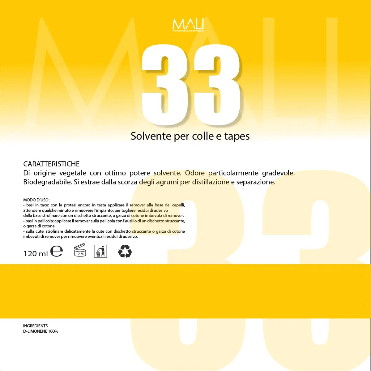 MALI Solvente per Protesi Capillare, Tapes e Patch Cutanea, 120 ml - 33