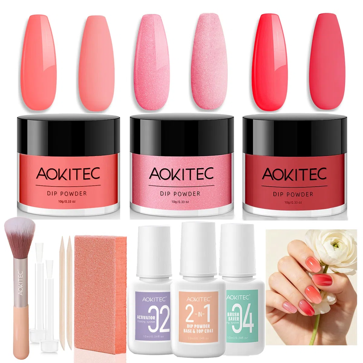 Aokitec Kit di avviamento in polvere per unghie in 3 colori, 12 polveri per ammollo rosa e rosso, con 3 liquidi per ammollo, kit di unghie in acrilico per nail art