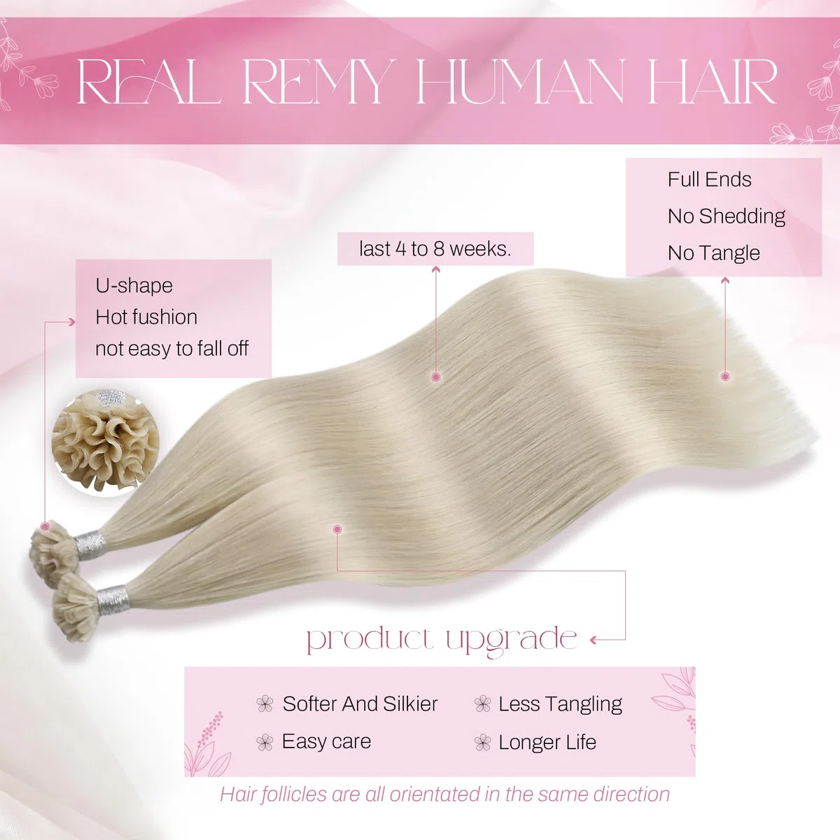 Moresoo Extension Capelli Veri Cheratina 35 cm Piatta Biondo Bianco Remy Extension Cheratina Capelli Veri 40g 50 Ciocche #60A